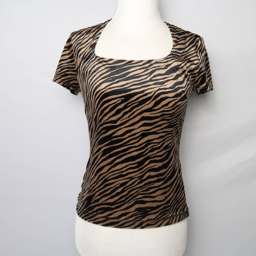 Vintage 90s Michael Klein taupe brown and black tiger stripe velvet top
